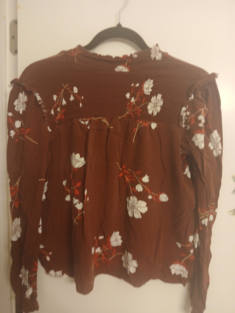 Angels Brown Floral Smocked Yoke Long-Sleeve Blouse